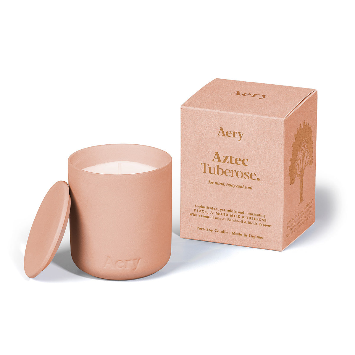Aery Aztec Tuberose 280gm candle with lid from the Fernweh collection and packaging on white backgrond