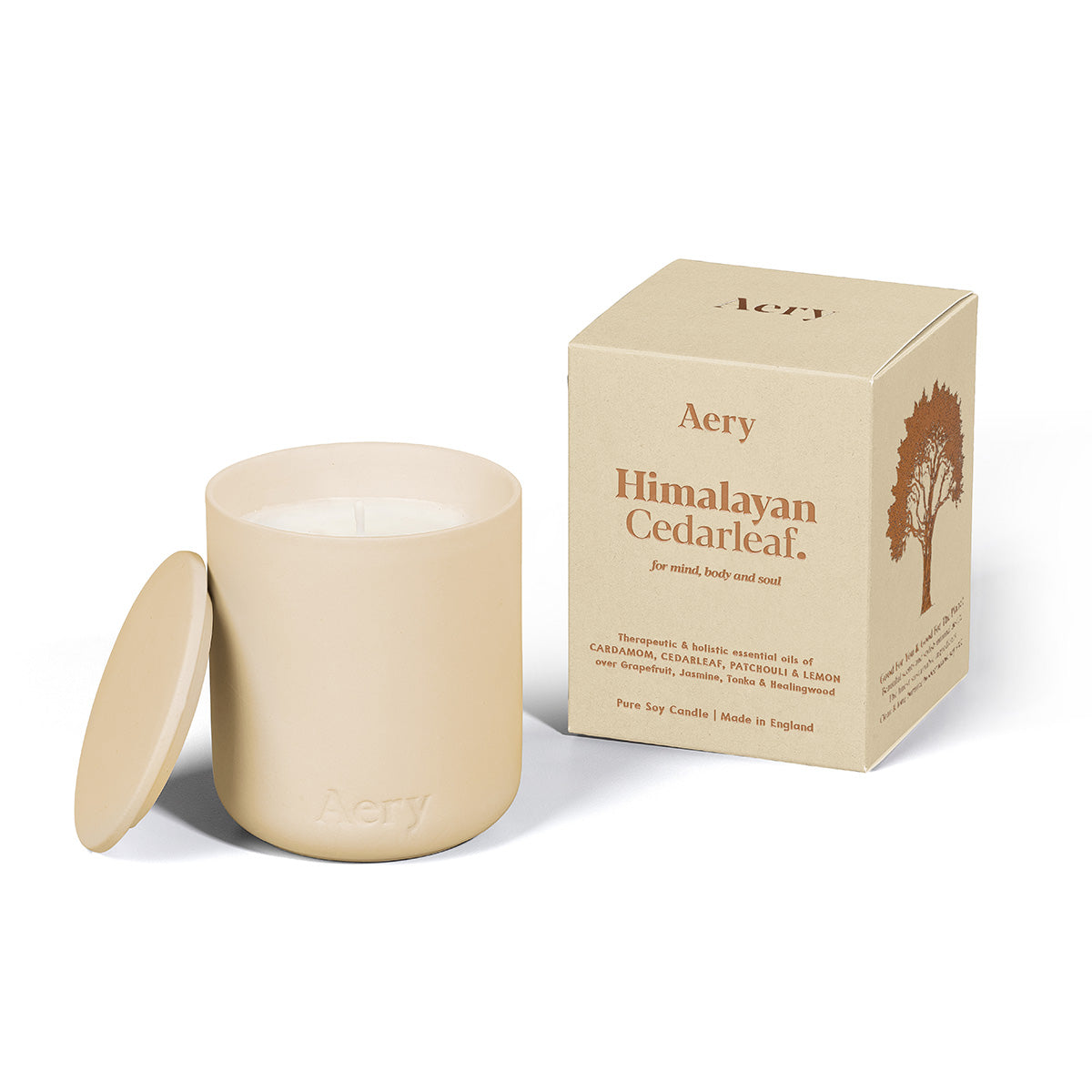 Aery Himalayan Cedarleaf 280gm candle with lid from the Fernweh collection and packaging on white backgrond