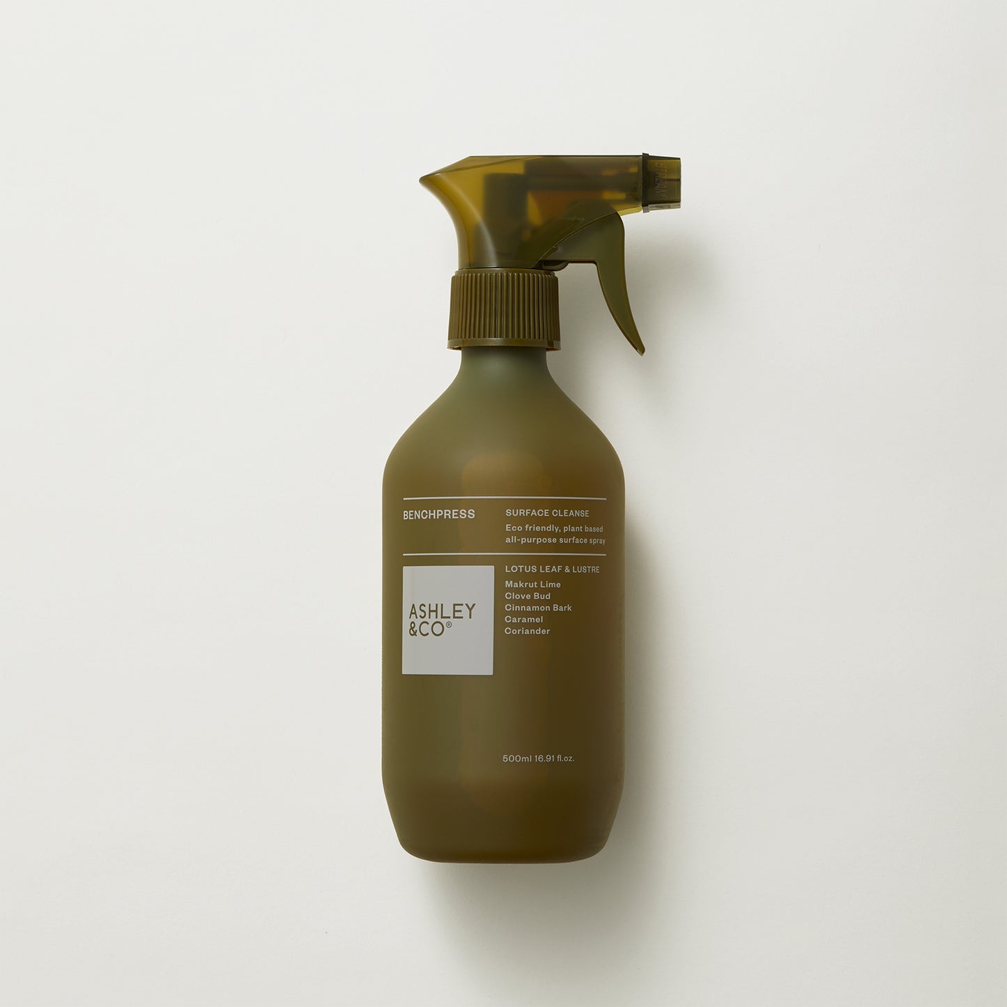 Ashley and Co 'Benchpress' surface spray in lotus leaf & lustre fragrance on grey background.
