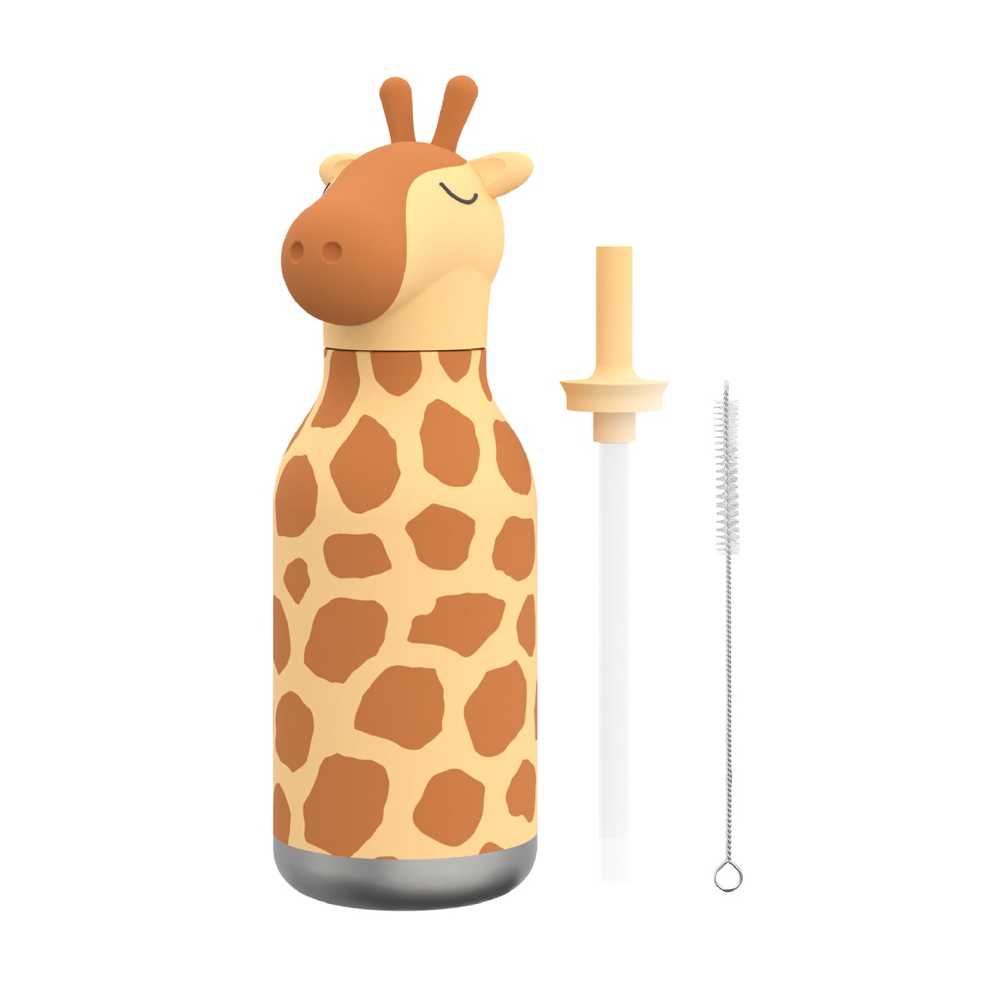 Image of Giraffe Bestie Bottle by Asobu, shown with straw and straw pipe cleaner.