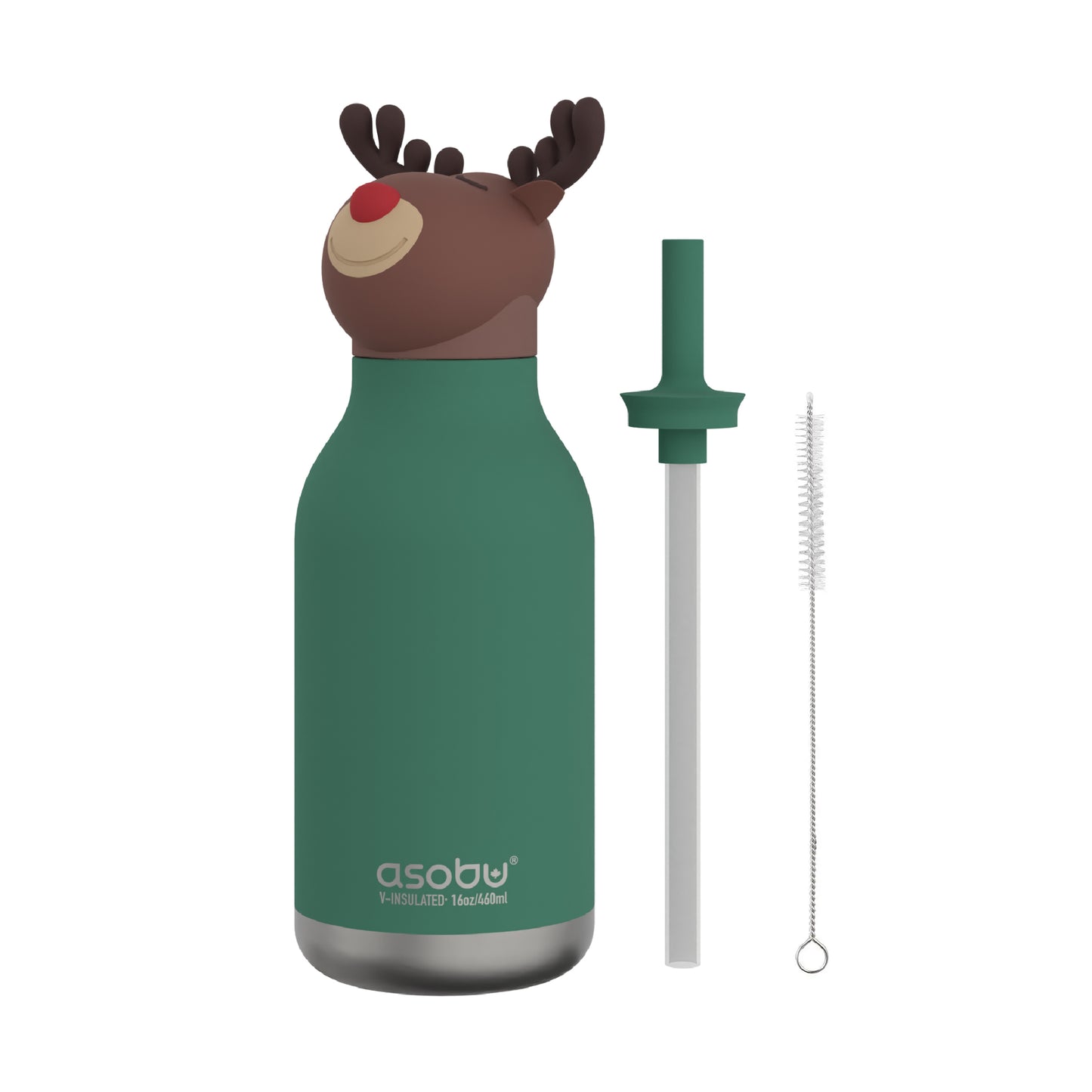 Front view of Reindeer Bestie Bottle by Asobu showing straw and straw cleaner