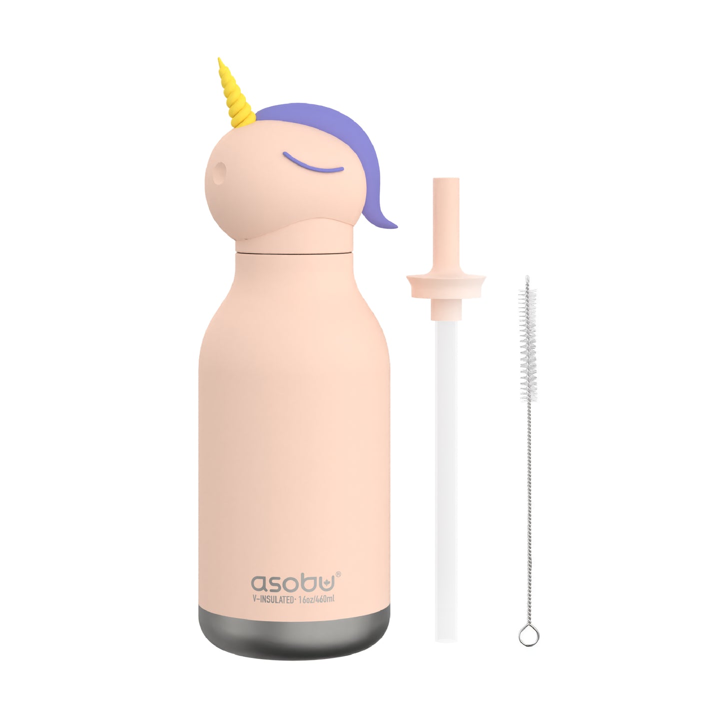 Image of Unicorn Bestie Bottle by Asobu, shown with straw and straw pipe cleaner.