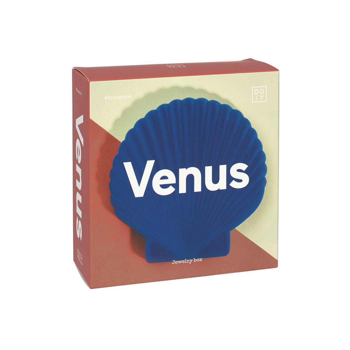 Close up of DOIY blue velvet venus jewelry box packaging on white background