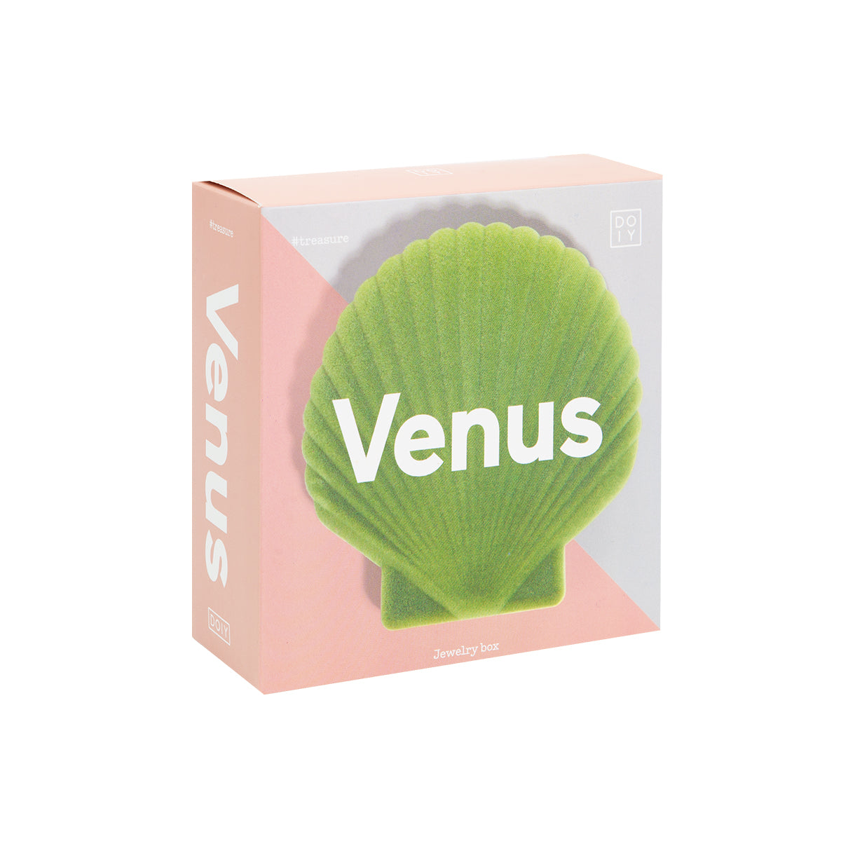 Close up of DOIY light green velvet venus jewelry box packaging on white background