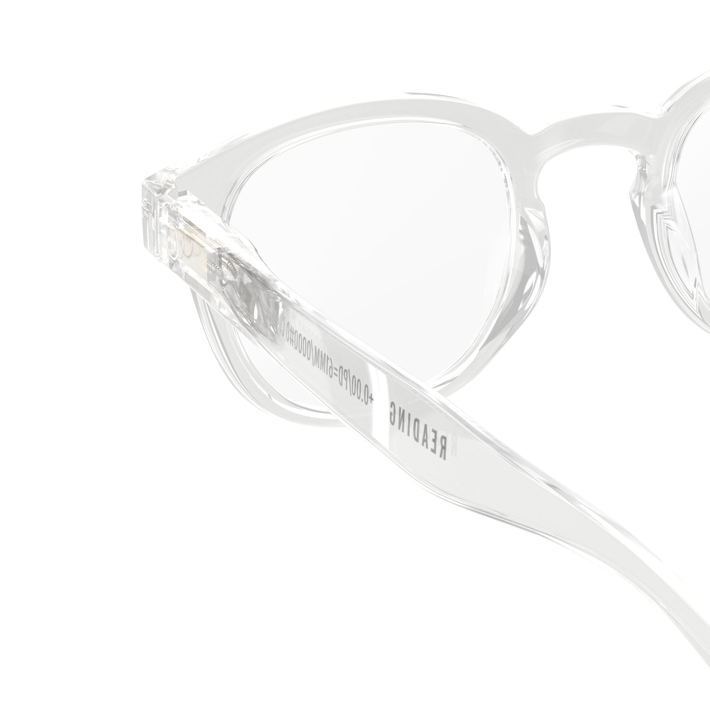 One side back view with the writing in its temple left side IZIPIZI Reading Glasses - Crystal Clear - Lightweight Plastic Frame - Flexible Rubber Arms - Unisex Square Shape C - Transparent Readers for Everyday Comfort
