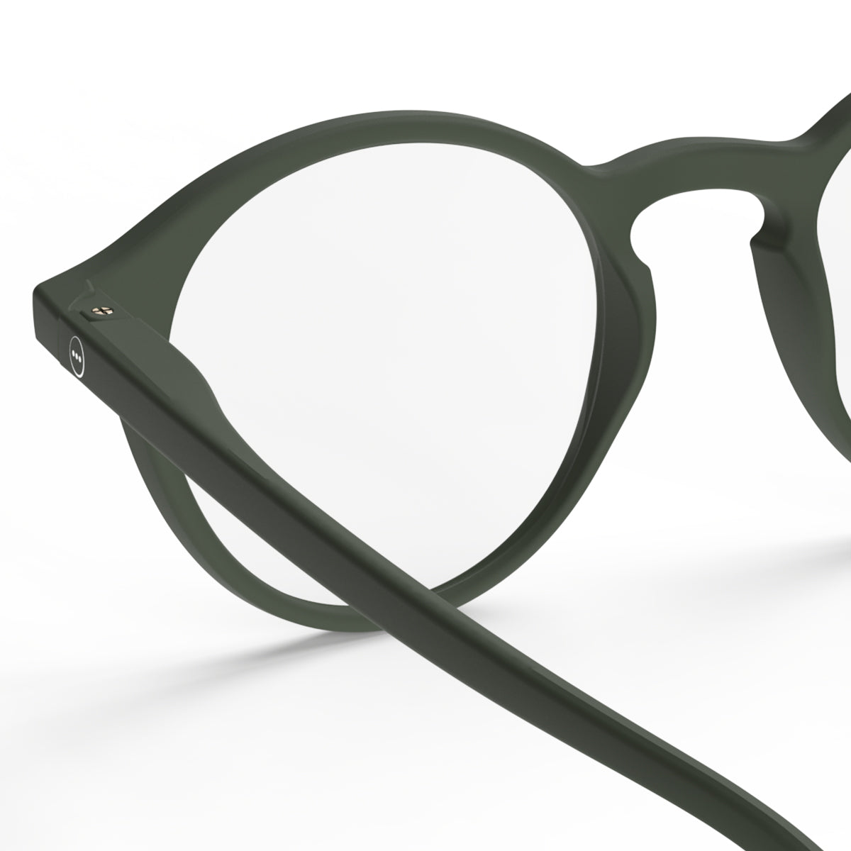 One part back view of IZIPIZI Reading Glasses - Khaki Green - Plastic Frame - Flexible Arms - Unisex Round Shape D Lightweight Readers for Everyday Use