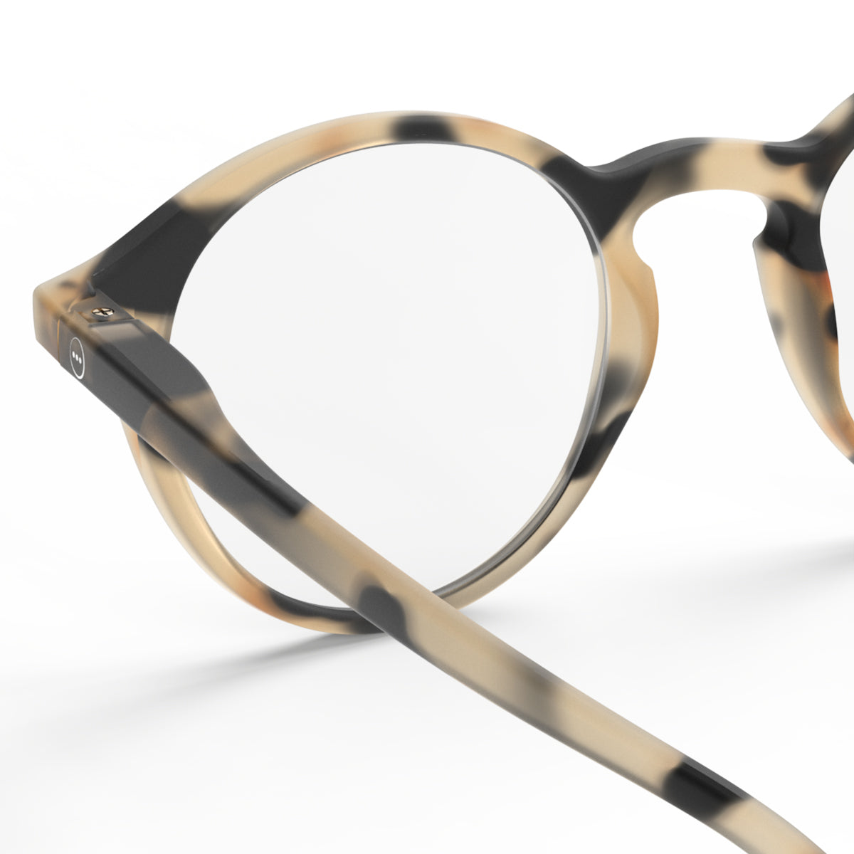 Izipizi shape d light tortoise reading glasses close up of back left hand side on white background