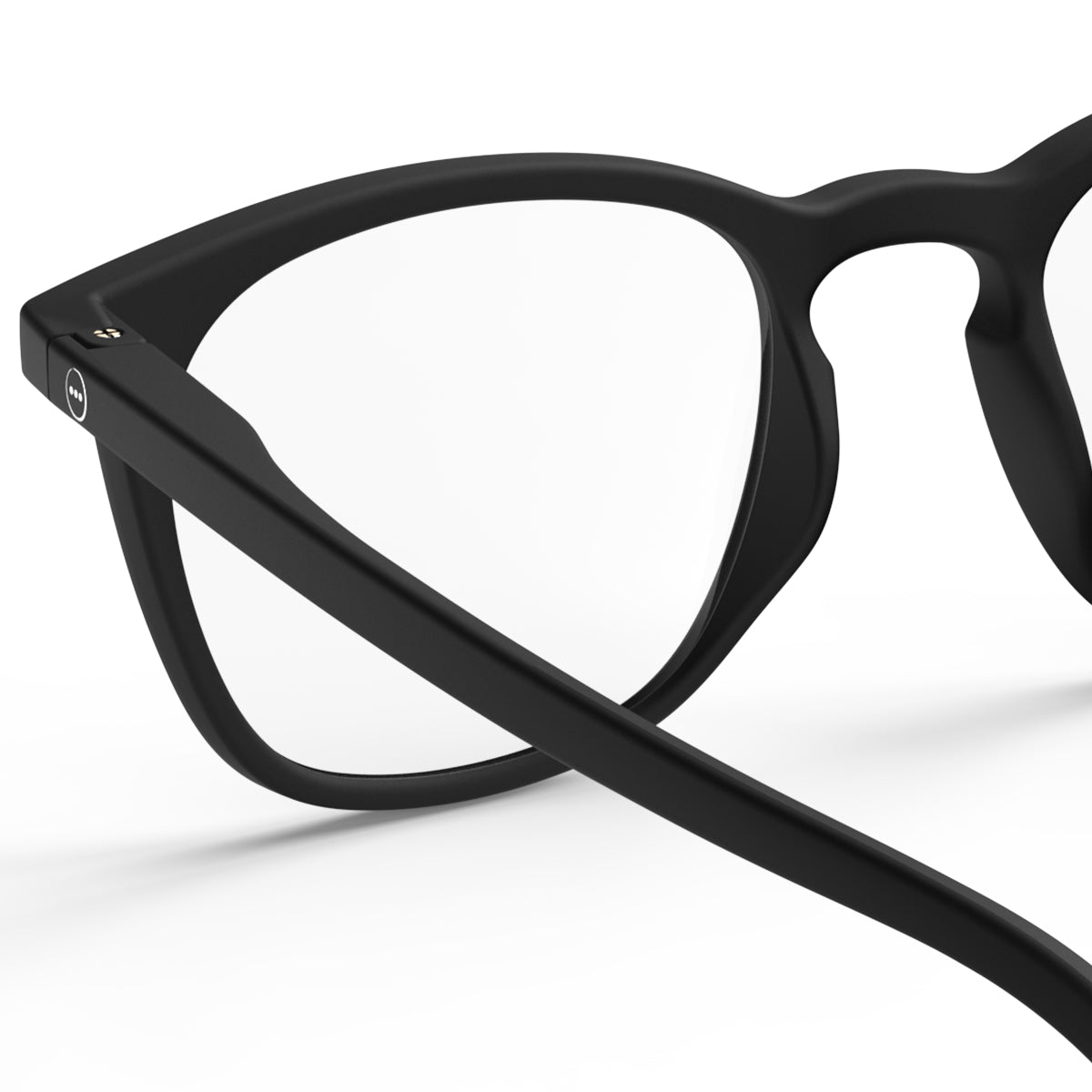 Izipizi shape d black reading glasses close up of back left hand side on white background