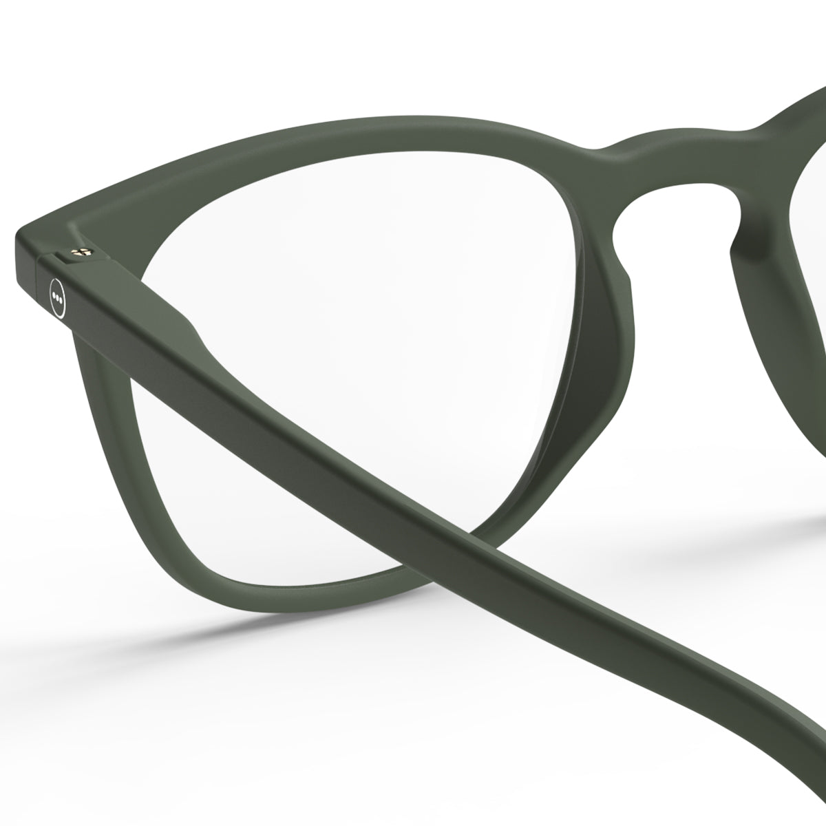 Upclose one part back view of IZIPIZI Reading Collection E Khaki Green reading glasses featuring a lightweight rubber-textured frame with flexible spring hinges - unisex trapezium-shaped eyewear for everyday comfort and style.