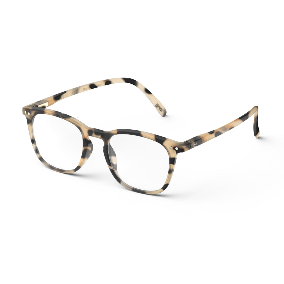 Izipizi shape e light tortoise reading glasses an angle on white background