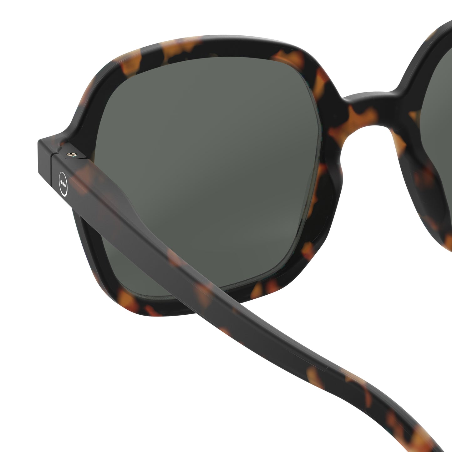 Upclose back view of IZIPIZI Sun Collection O Tortoise sunglasses with 100% UV protection, lightweight rubberized frame, flexible spring hinges, and retro oversized square design - stylish and comfortable eyewear with gift box and felt pouch.