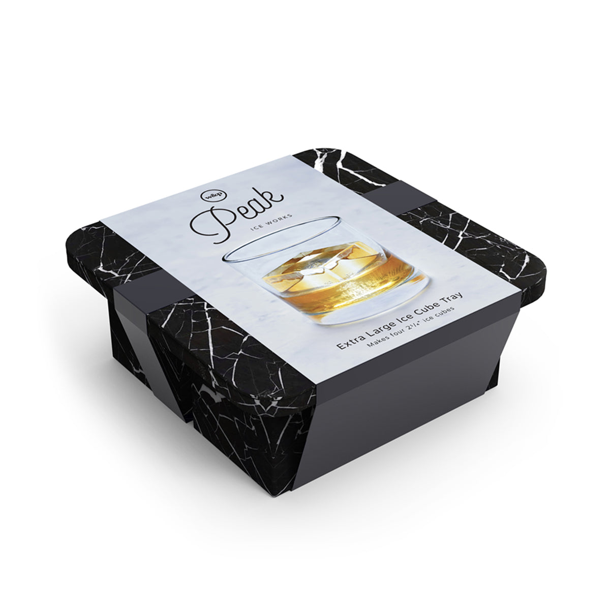 close up of WP black marble extra large ice cube tray on a white background