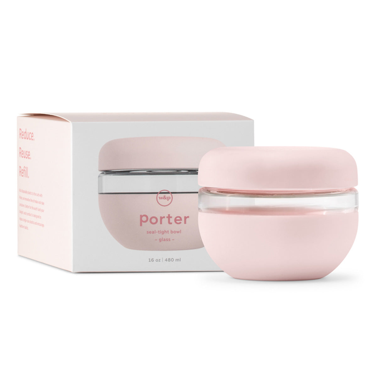 WP seal tight glass bowl 480ml blush packaging and seal tight bowl