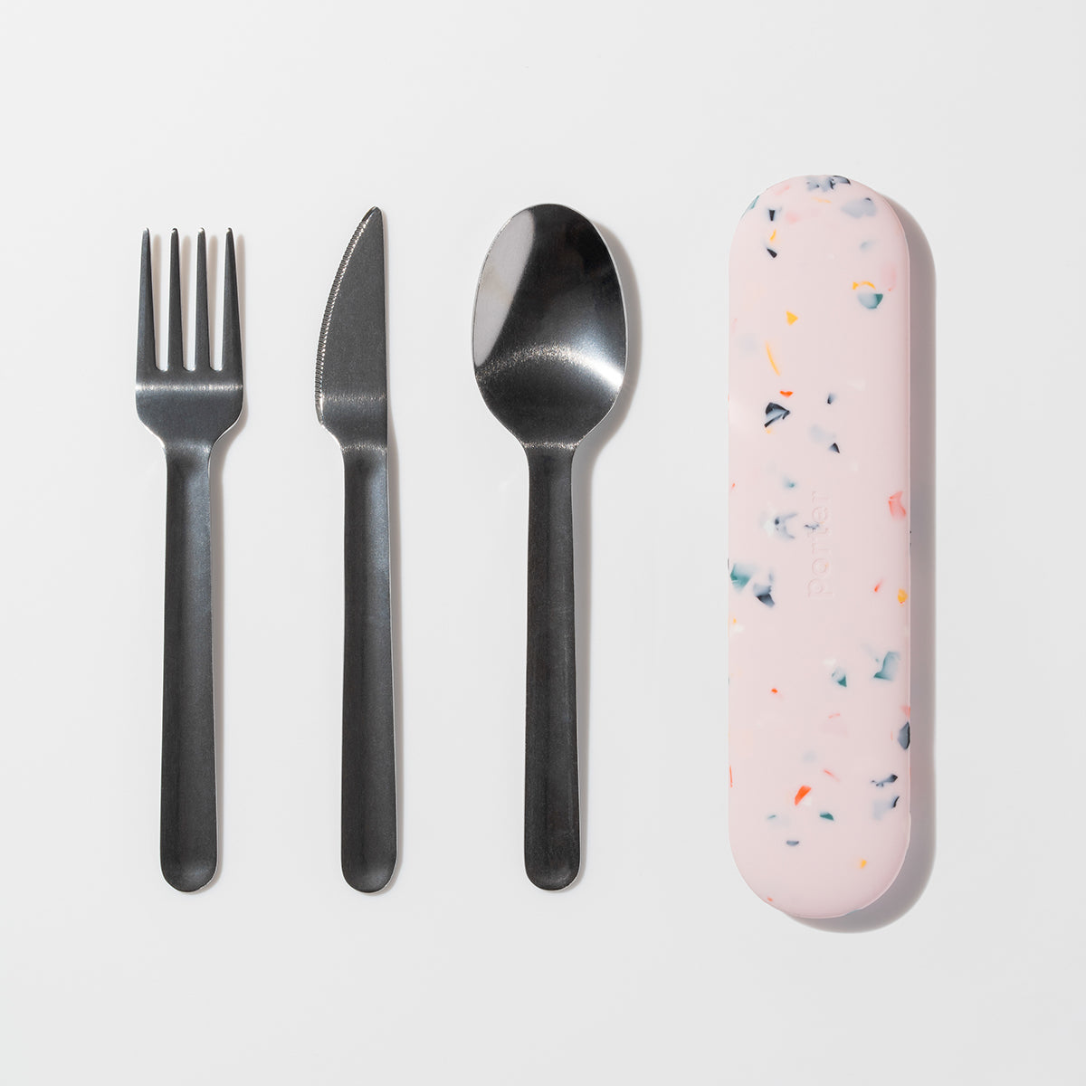 WP terrazzo blush stainless steel utensil set with fork knife and spoon lined up