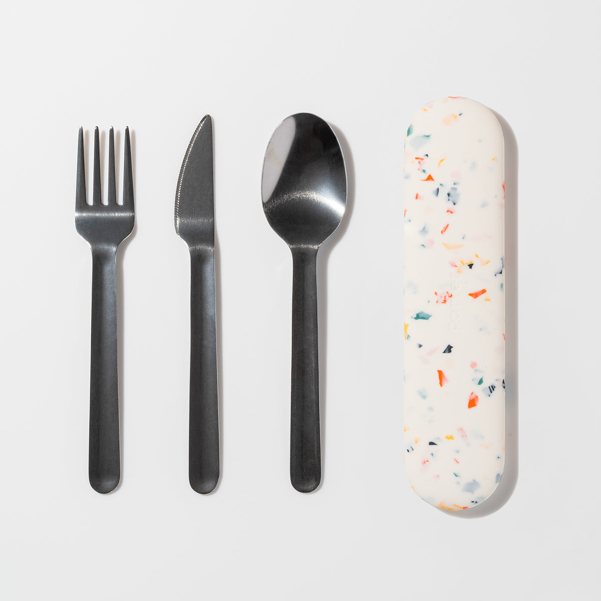 WP terrazzo cream stainless steel utensil packaging with fork, knife and spoon lined up