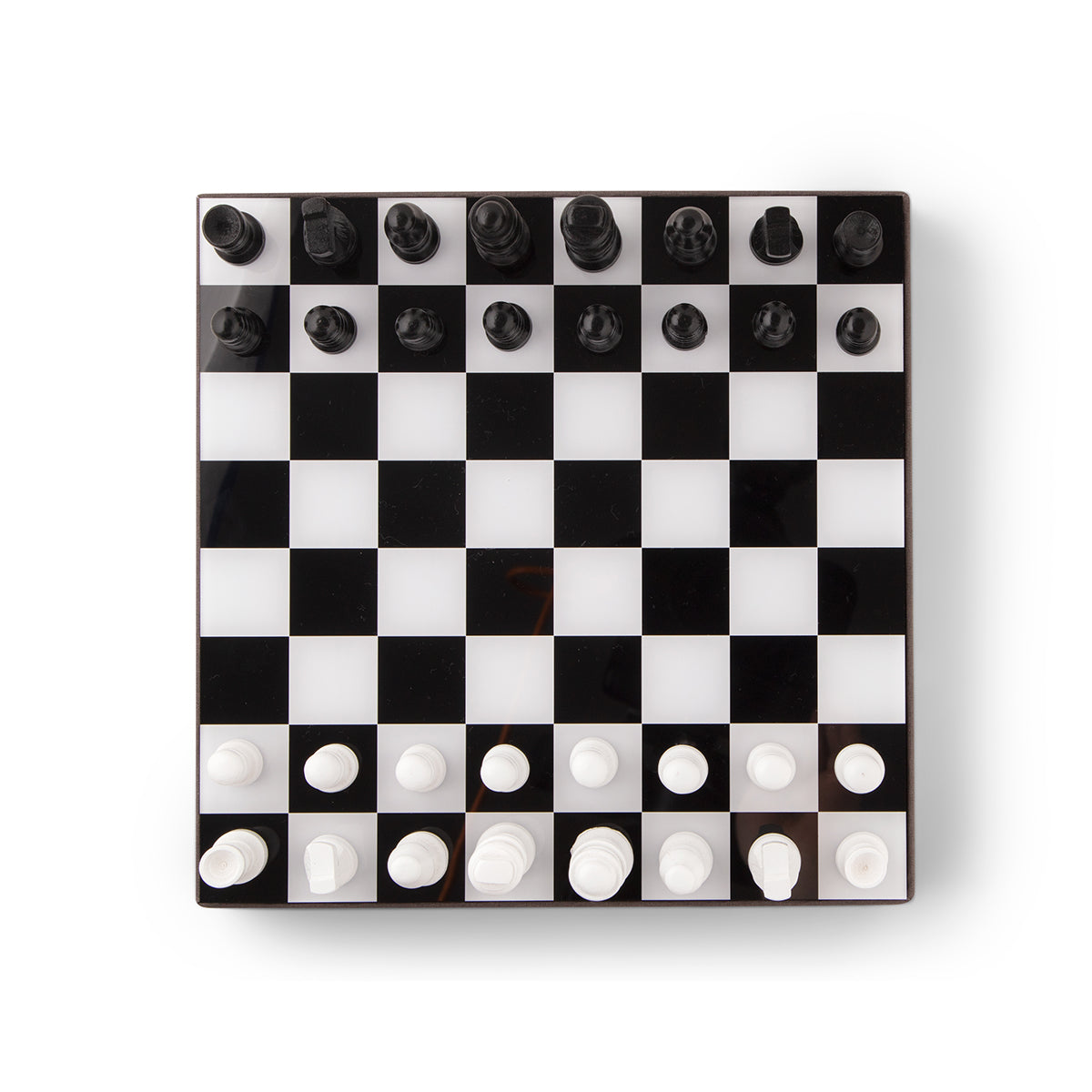 Aerial view of Printworks classic art of chess black and white checker board with wooden pieces