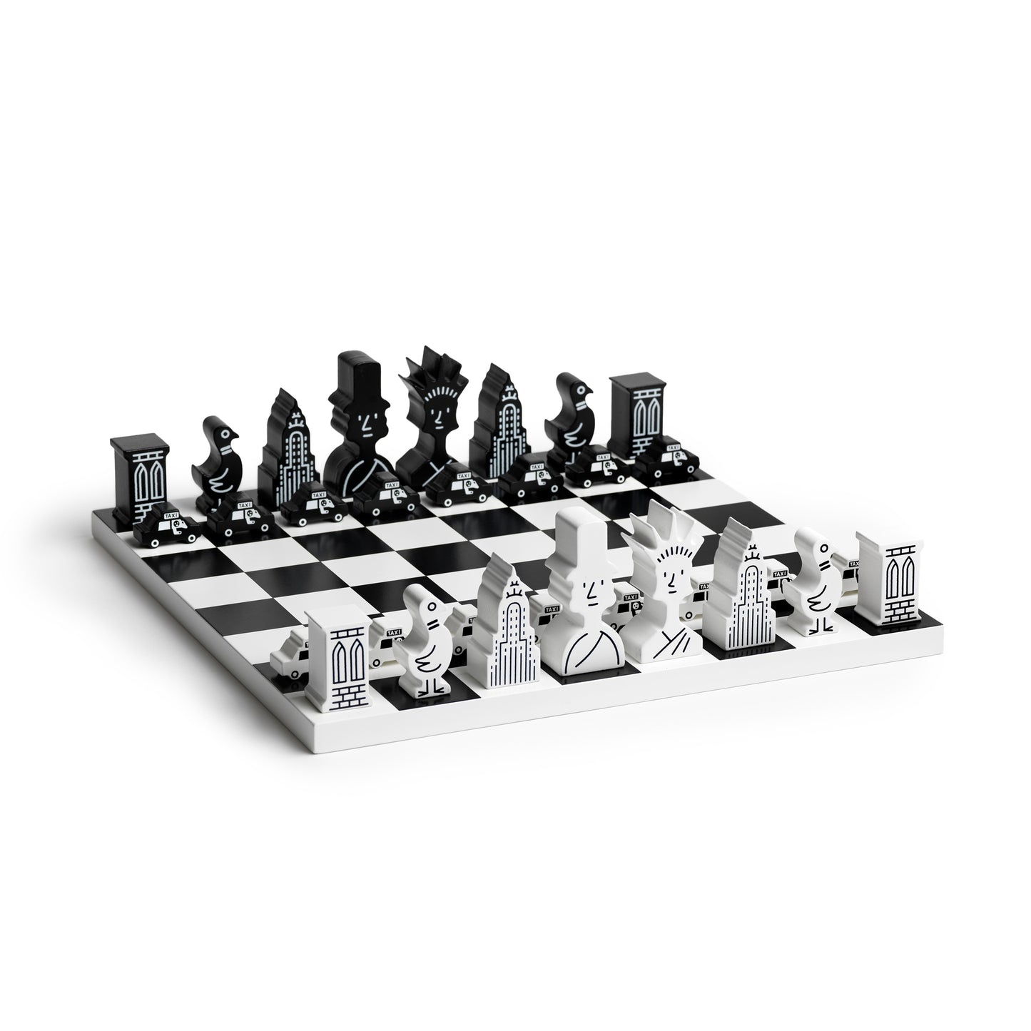 Printworks classic chess game The New Yorker Edition with wooden pieces on a white background