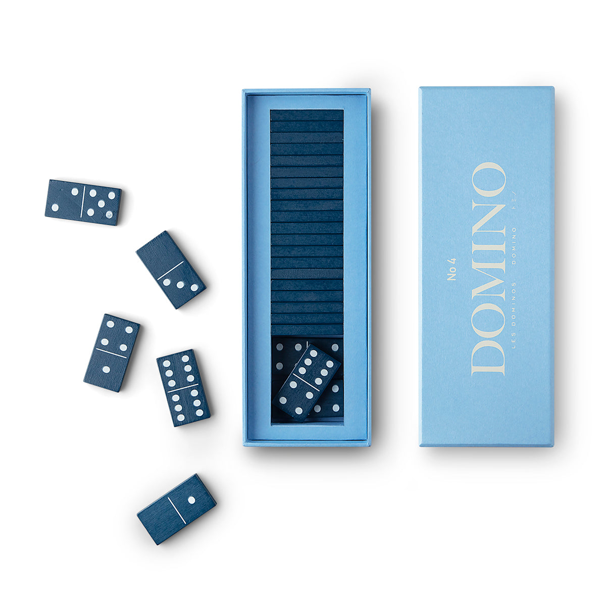 Printworks classic games dominos blue box lid and dominoes pieces out of box on white background background