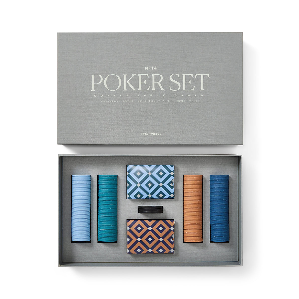 Printworks classic games poker set grey box open showing poker pieces and cards on white background
