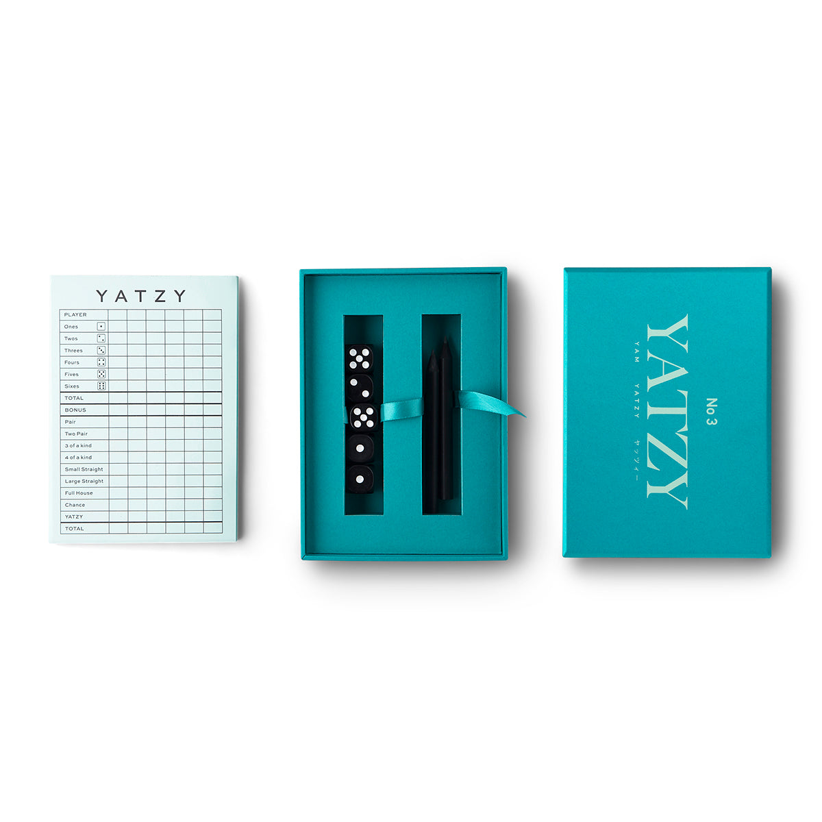 Printworks classic games yatzy pad, aqua box with dice and lid on white background
