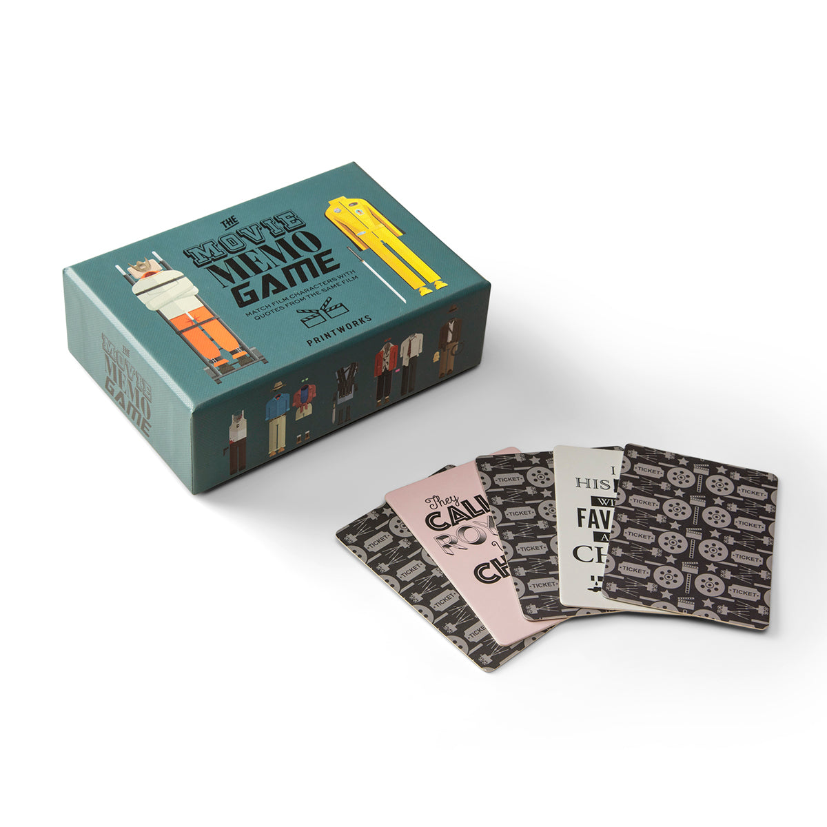 Printworks movie memory game box and loose cards on an angle on a white background