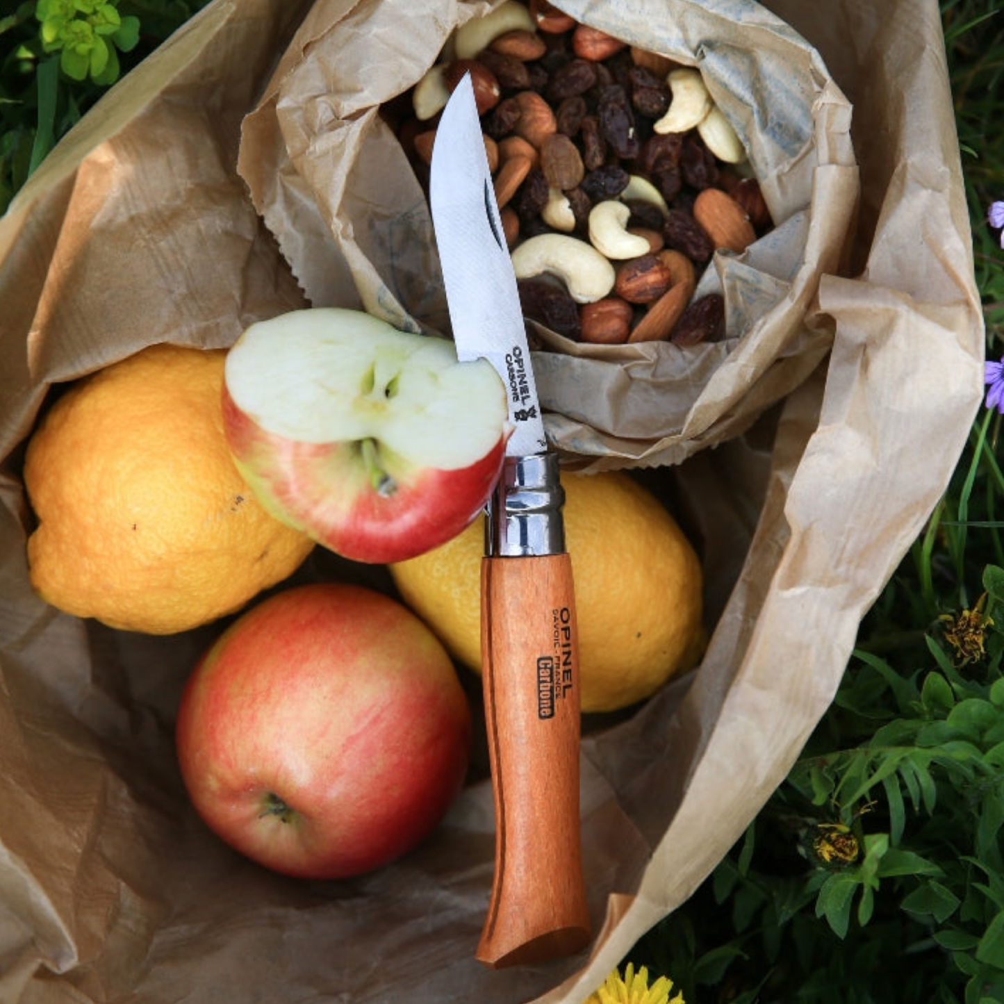 Opinel Traditional Folding Knife No8 cutting an apple with other fruits and nuts