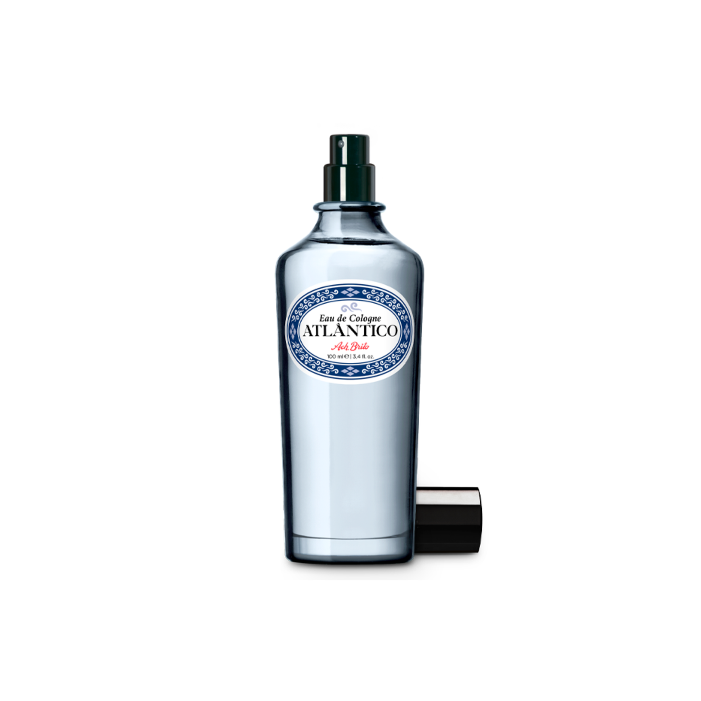 Open with cap Ach Brito ATLANTICO Eau de Cologne 100ml Vap - Blue Fresh Ocean Fragrance - Citrus, Marine, and Woody Notes - Glass Bottle Material with Spray Feature, Refreshing Men's Perfume