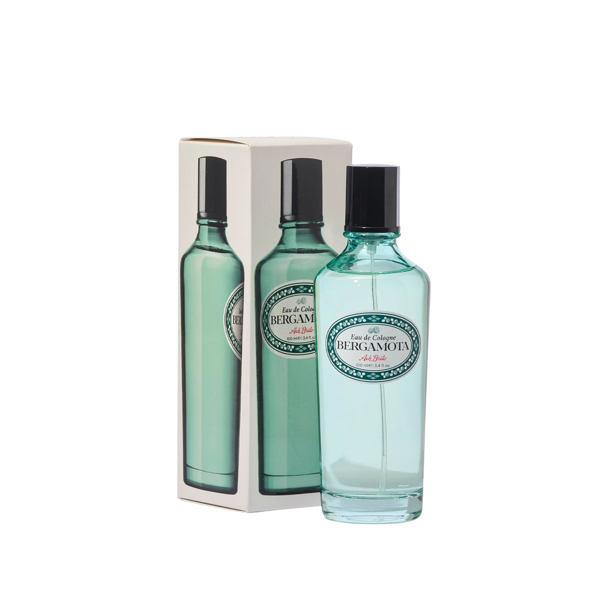Packaging and the bottle of Ach Brito Eau Cologne 100ml Bergamota Light Blue Green, Citrus and Woody Fragrance with Spray Nozzle.