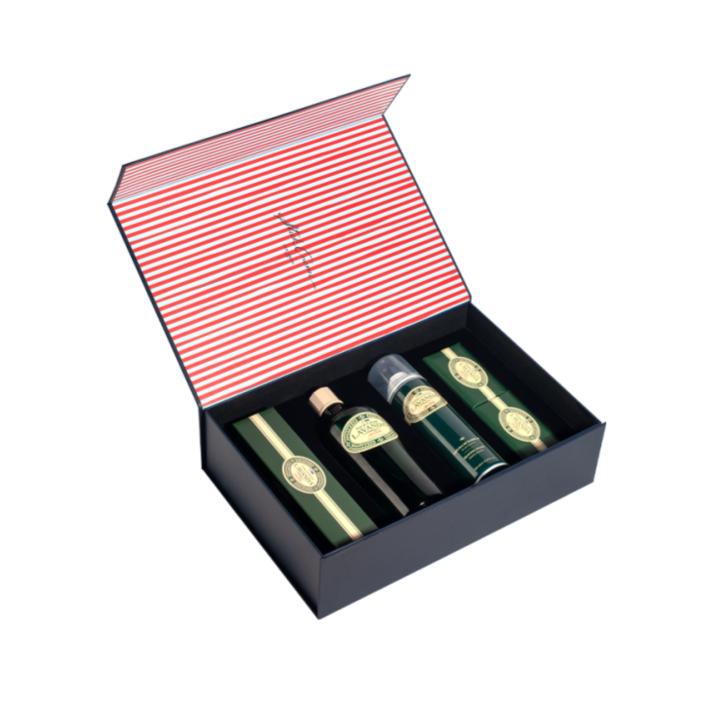 Ach. Brito Lavanda Stick Creme Gift Box with vintage illustration containing soaps, shaving cream, shaving foam, and iconic green bottle lavender cologne, featuring aromatic unisex fragrance with lavender, eucalyptus, rosemary, orange, patchouli, and musk notes.