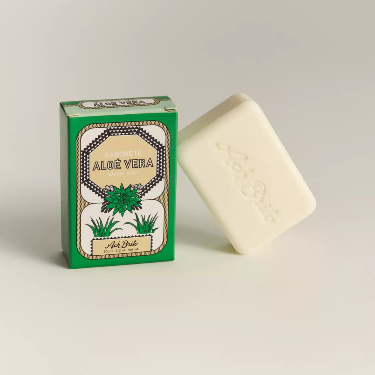 Ach Brito speciality soap aloe vera 90g front view packaging with soap bar leaning against box