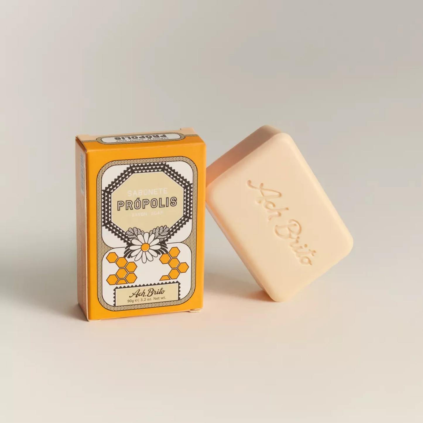 Ach Brito speciality soap propolis 90g front view packaging with soap bar leaning against box