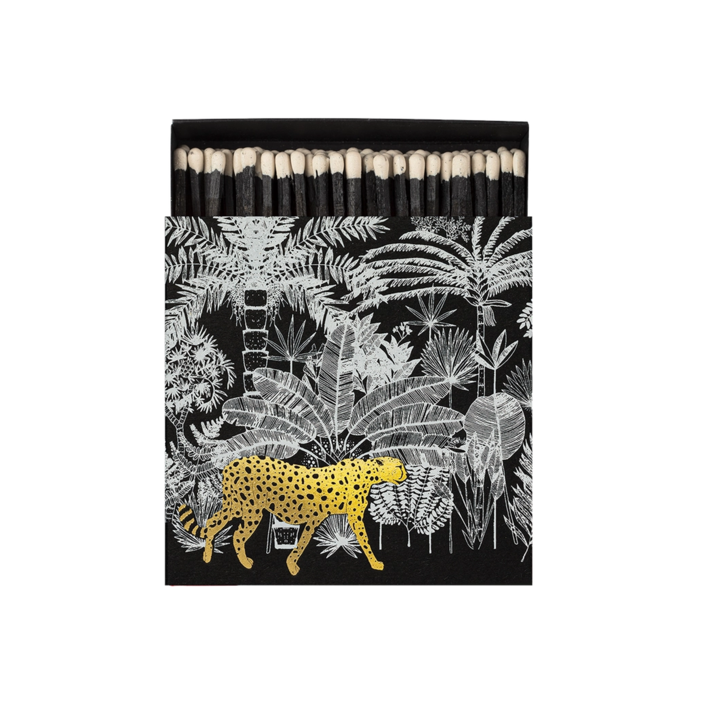 Front view of Archivist Black Cheetah in Jungle Matches - Square Matchbox with Gold Foil Cheetah Jungle Design on Black - 125 Black White-Tipped Matches in White Tray - FSC Wood, UK Made, Eco-Friendly Decorative Match Set