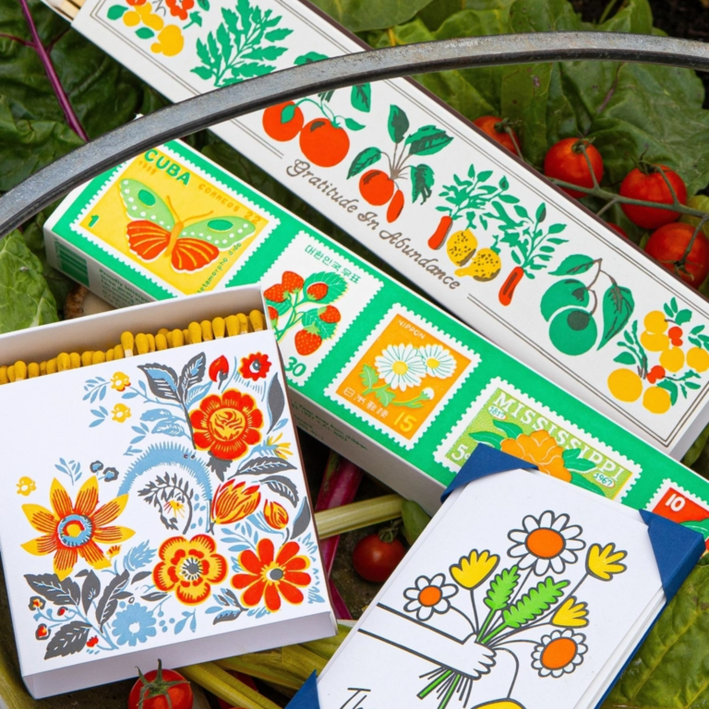 Shown in the left with other match box styles, Archivist Flower Matches - Square Matchbox with Colourful Floral Design and White Tray - 125 Natural Yellow-Tipped Matches - FSC Wood, UK Letterpress Printed, Eco-Friendly Decorative Match Set.