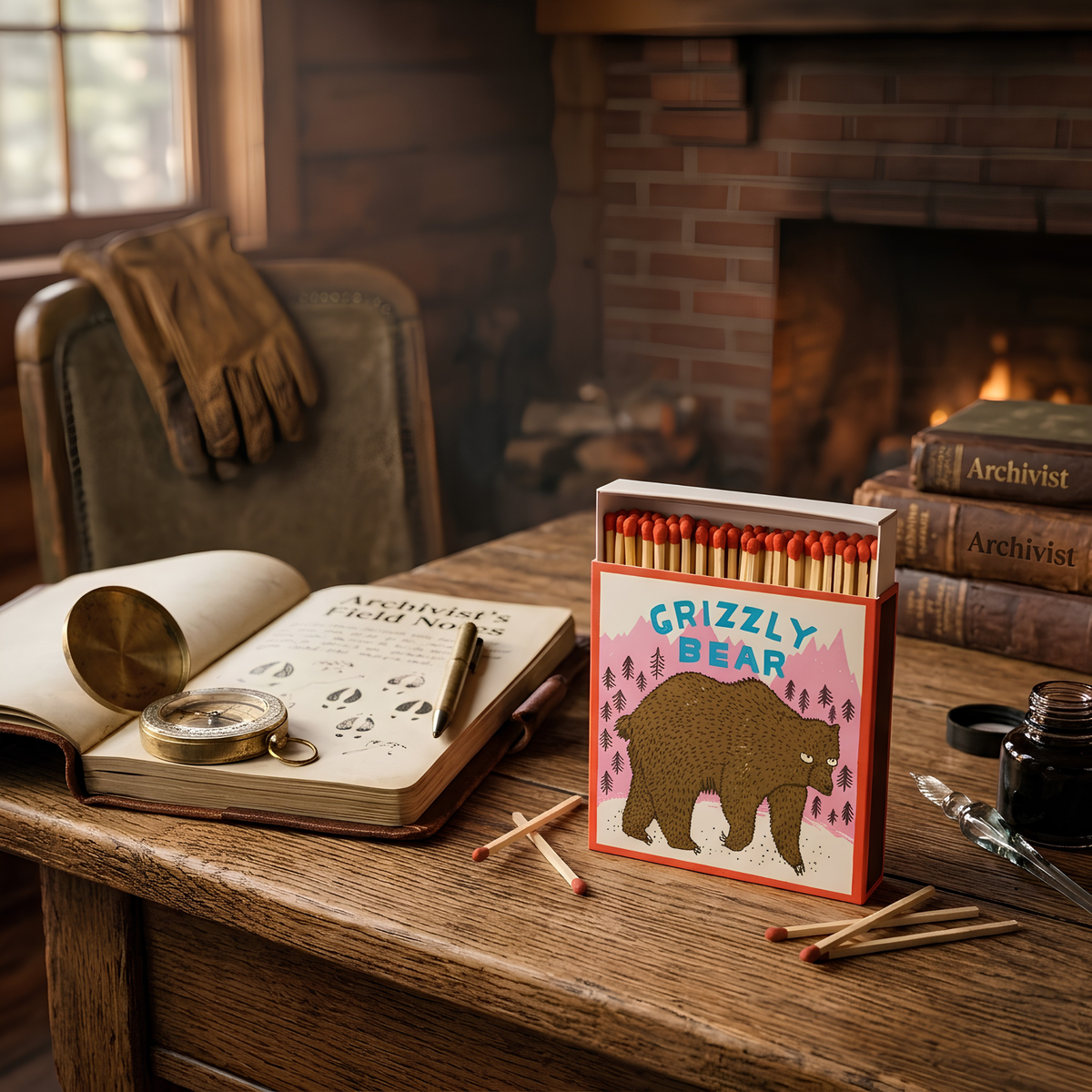 Archivist Luxury Matches Grizzly Bear in brown, black and pink, FSC Mix certified paper matchbox with grizzly bear and mountain illustrations, containing 125 natural wooden matches with red tips, shown on the table.