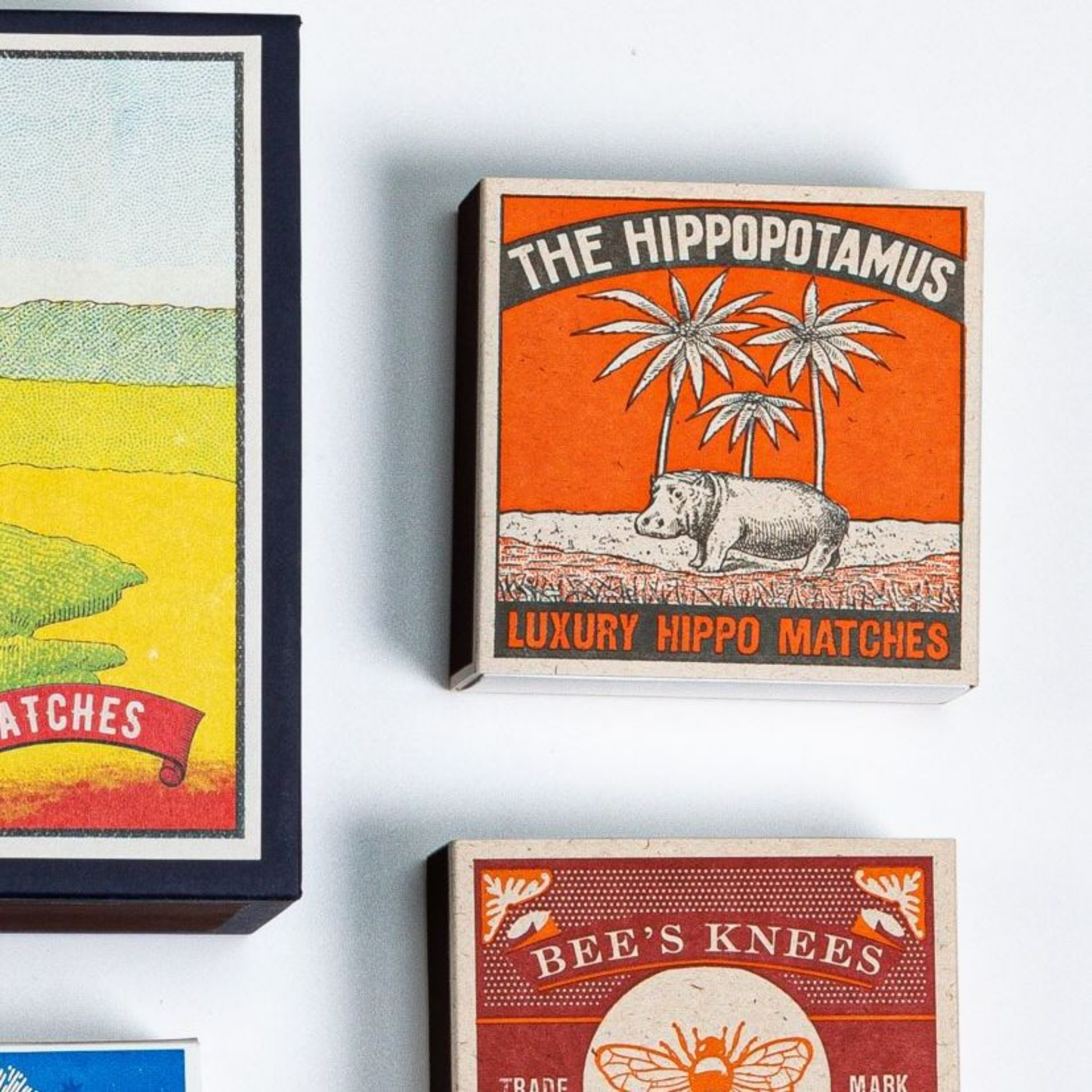 Shown with different match box styles with Archivist Hippopotamus Matches - Square Matchbox with Luxury Hippo and Palm Tree Design - 125 Natural Red-Tipped Matches - FSC Wood, UK Letterpress Printed, Eco-Friendly Decorative Match Set