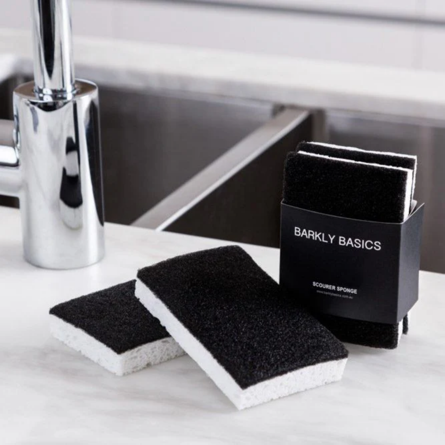 Barkly Basics scourer sponge in packaging and out of packaging on display next to sink