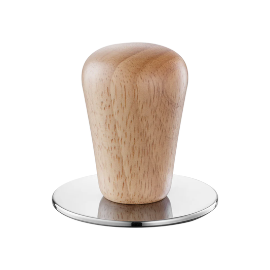 Front view of Bellman tamper, silver, designed for CX25P Stovetop Espresso & Steamer, 70 mm diameter with central hole fitting the brew shaft for a perfect fit in the filter basket.