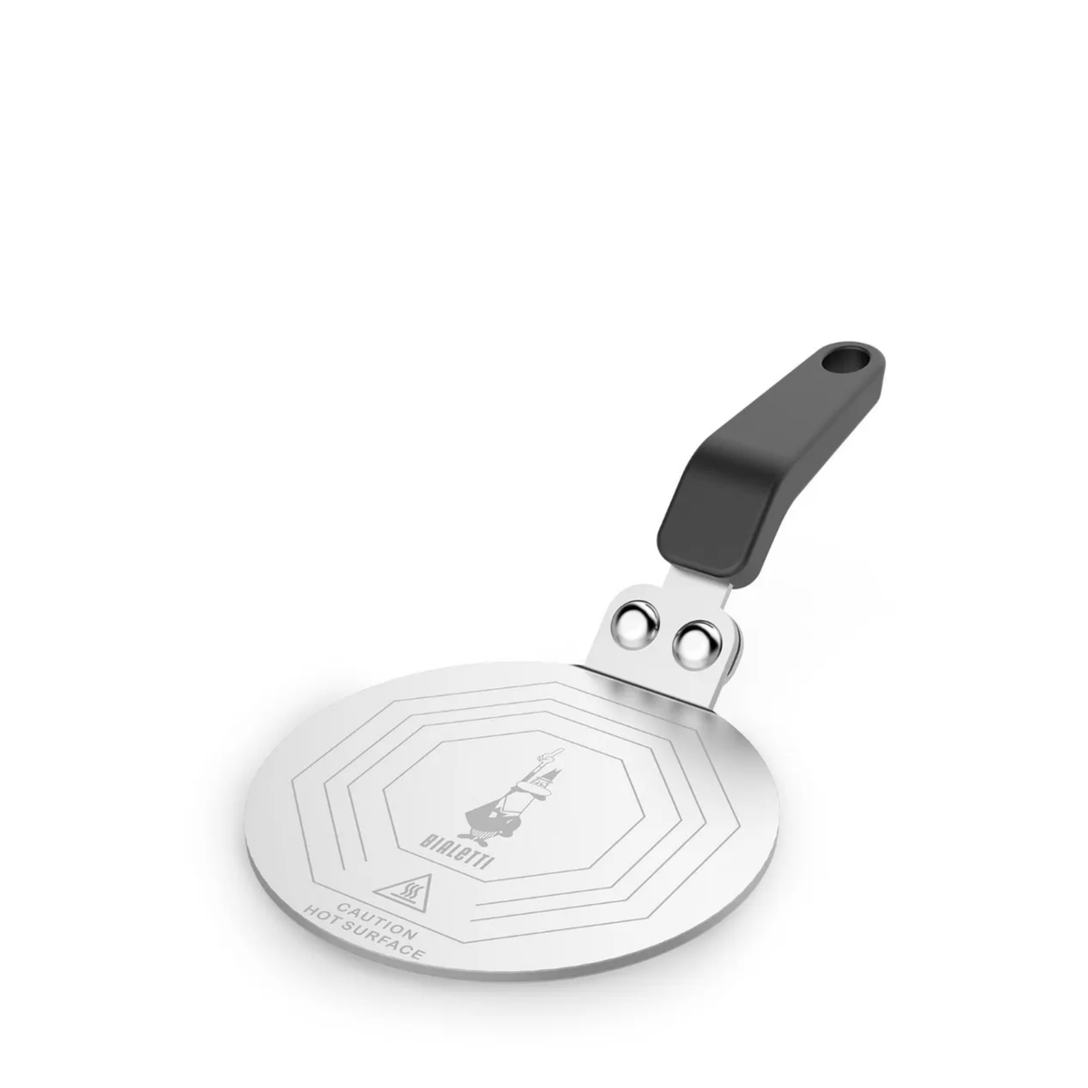 Front view of Bialetti induction plate, Black, 100% steel, fits 1-9 cup coffee makers, for moka pots and small cookware, ensures even heat transmission on all induction hobs.