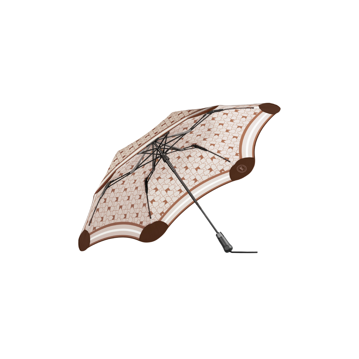 Side view showing the inner side of the Blunt Umbrella Metro Karen Walker white and brown monogram print with same colors surrounding the sides, a timeless, compact, collapsible and convenient, consisting of the detachable UV fabric canopy, sturdy frame, shaft and handle. Fits in your handbag, tote or backpack. Built for fast living, those who travel light, and any weather.
