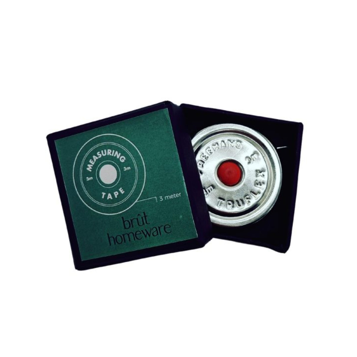 Packaging with the Brut Homeware pocket-size stainless steel tape measure with a 300 cm / 120 in reach, housed in a sleek silver case and packaged in a black box-compact, durable, and perfect for designers, DIYers, or as a budget-friendly gift.