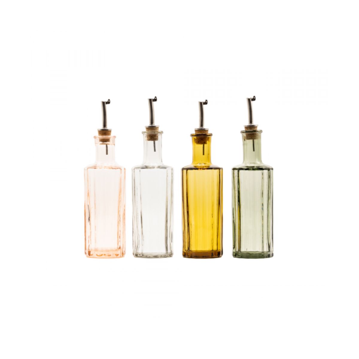 Shown with other different colors Brut Homeware Art Deco-inspired oil or vinegar bottle, amber, made from mouth-blown recycled glass with a natural cork pourer and anti-drip cap, handcrafted in India for a sustainable and elegant kitchen addition.