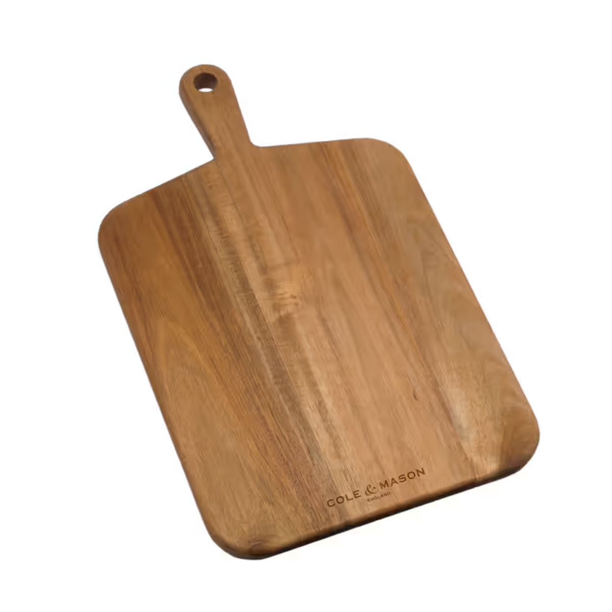 Tilted front view of Cole & Mason medium double-sided acacia wood chopping board, natural finish, 2.5 cm thick, with handle and hanging hole for chopping, slicing, and serving.