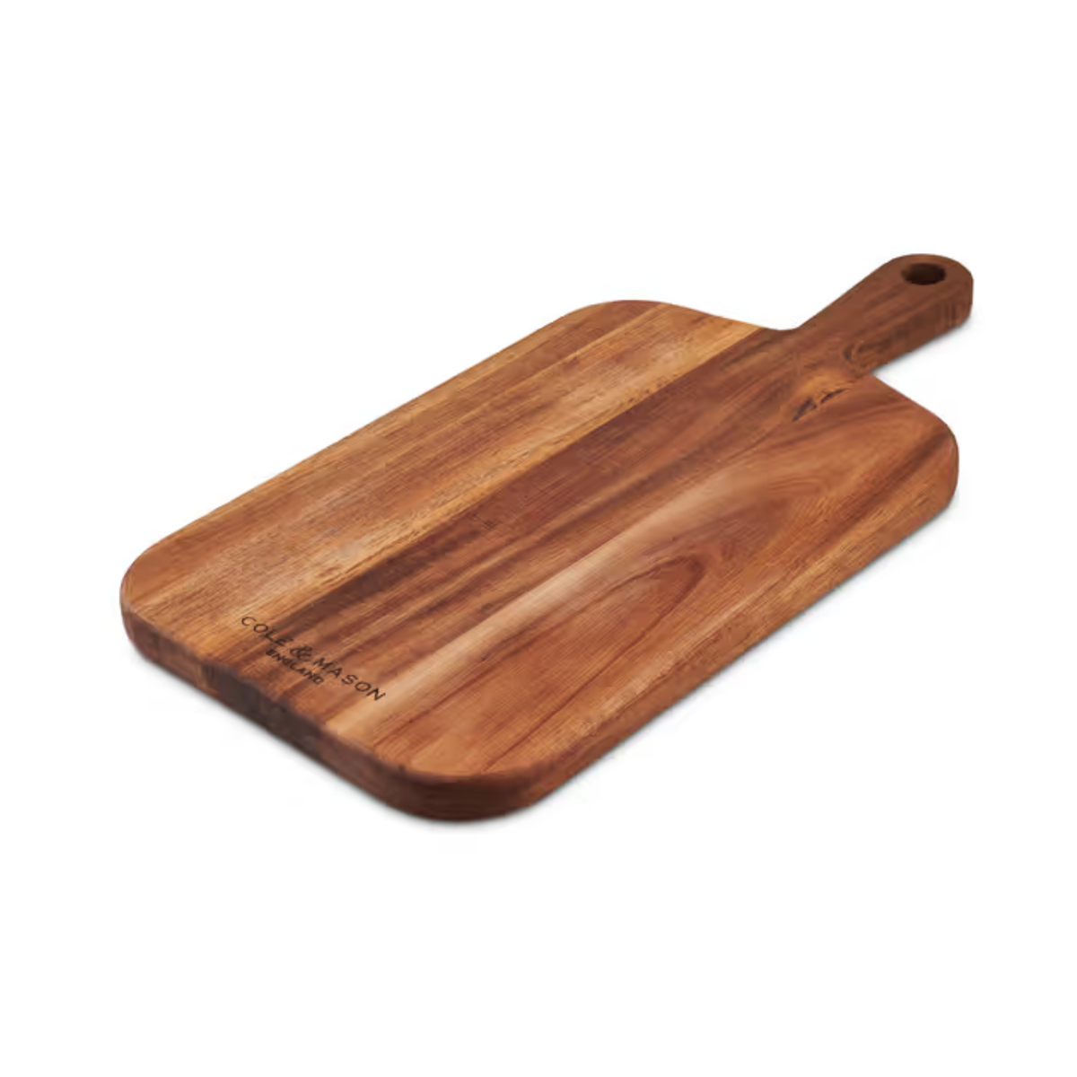 Table view of Cole & Mason small double-sided acacia wood chopping board, natural finish, 2.5 cm thick, with handle and hanging hole for chopping, slicing, and serving.