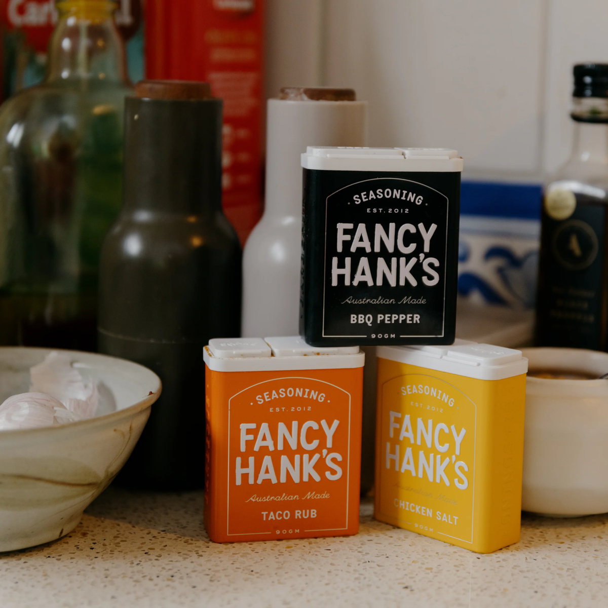 Showing the taco rub, chicken salt and the Fancy Hanks BBQ Pepper 90g, a bold pepper-forward seasoning rub designed for meat.