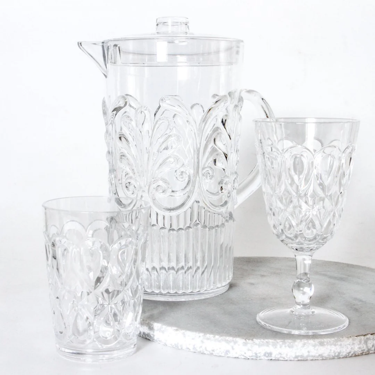 Acrylic glassware clear on display on table