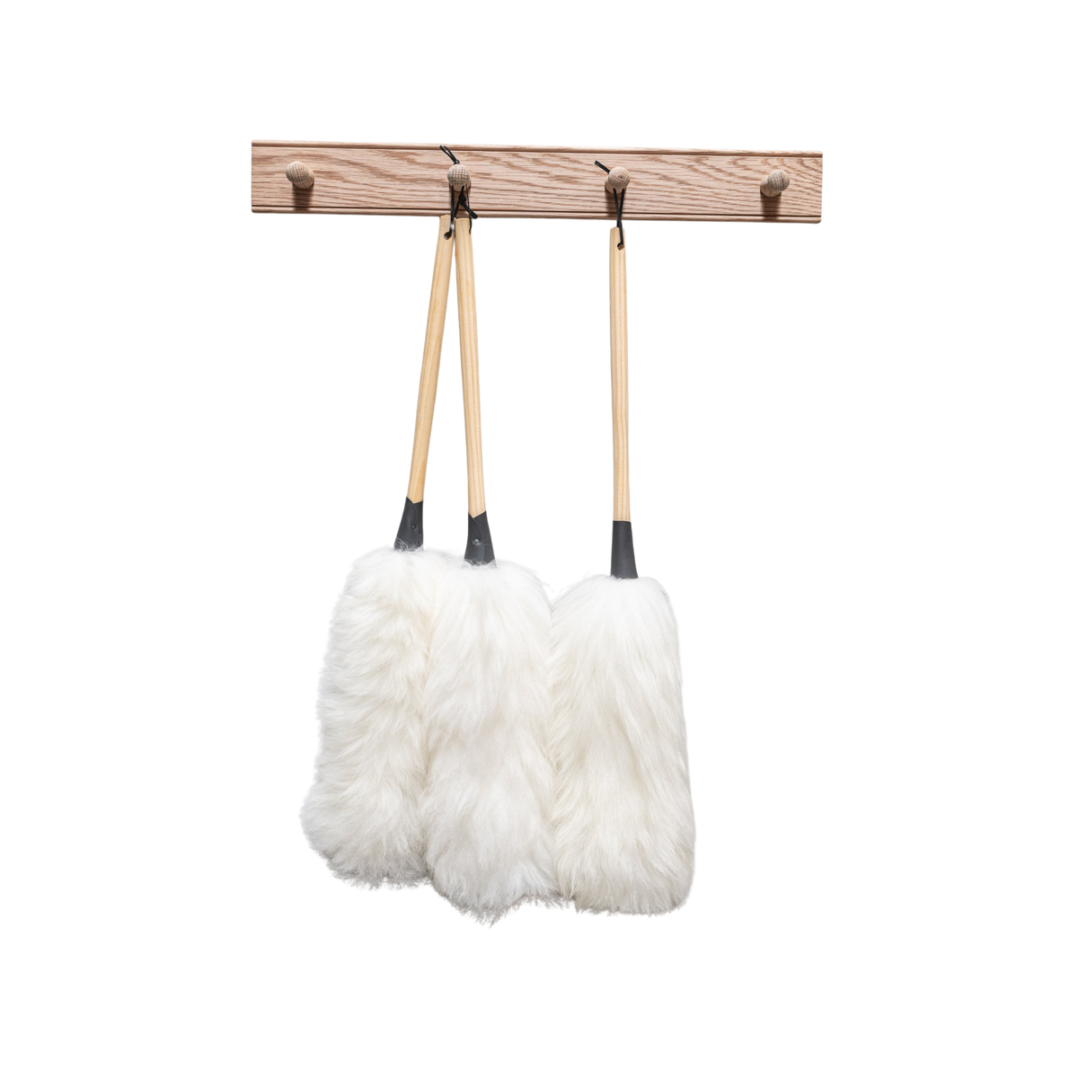 Fathom Duster Deluxe made in Australia, featuring a turned wooden handle, soft white Australian wool fibres, and a leather hanging loop for stylish, efficient dusting.