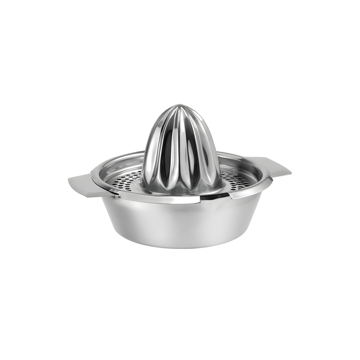 Fathom stainless steel orange juicer with side handles and pouring spouts, classic manual citrus juicer for oranges and other citrus fruits.