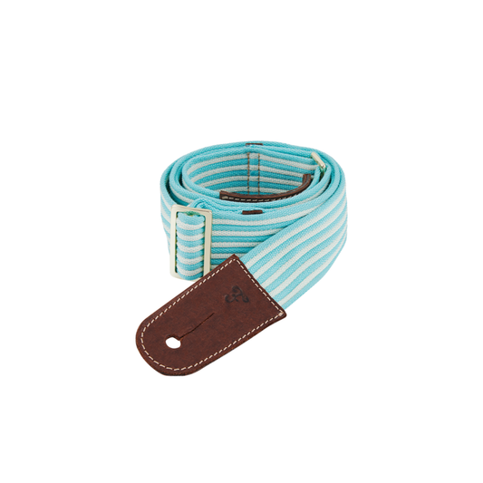 Coiled FIELDBAR Drinks Box Swing Sling, Bazaruto blue and Safari white, adjustable from 94.5cm to 147cm, genuine leather, comfortable on shoulder.