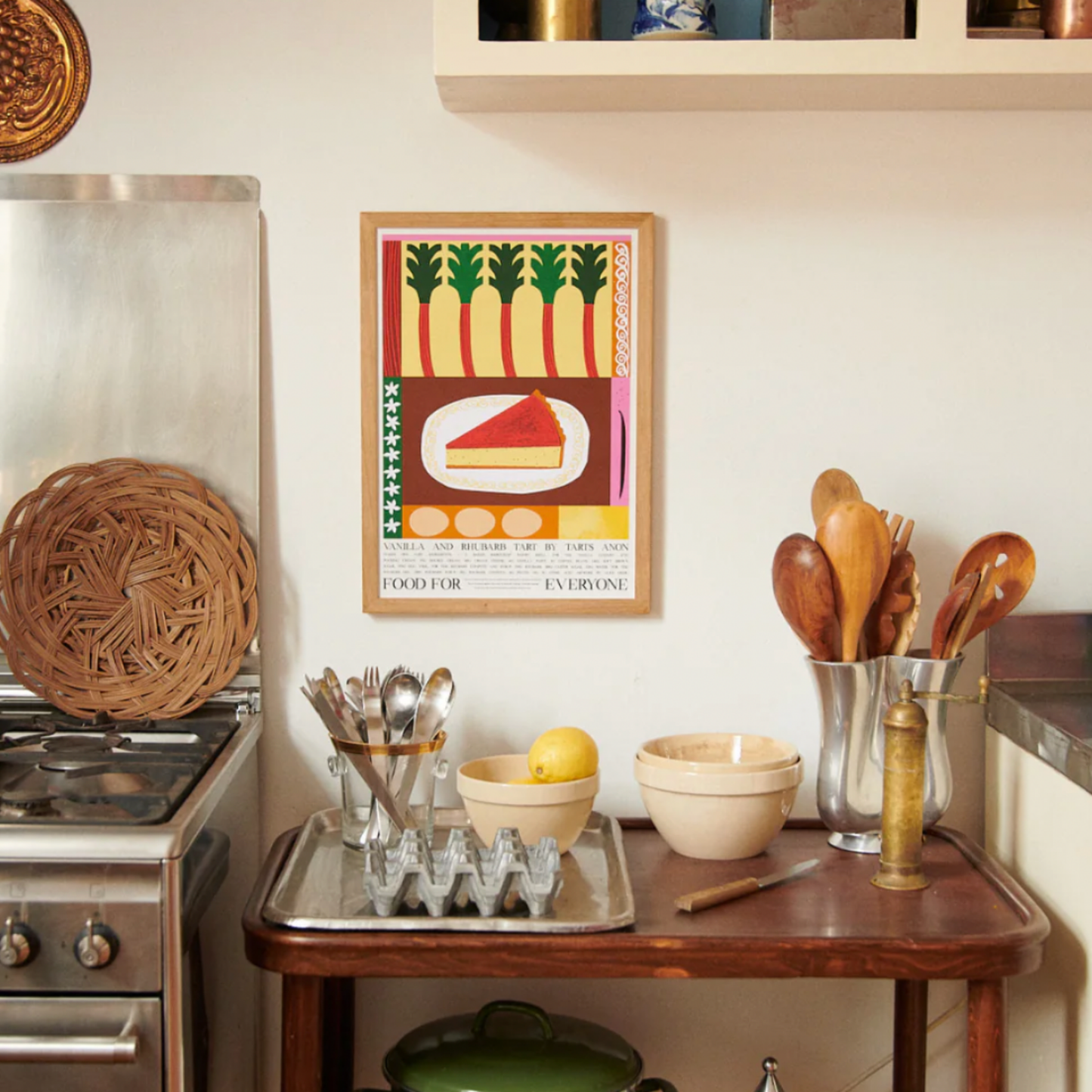 Food For Everyone Vanilla and Rhubarb Tart artwork A2 front view in frame hanging in kitchen next to stove