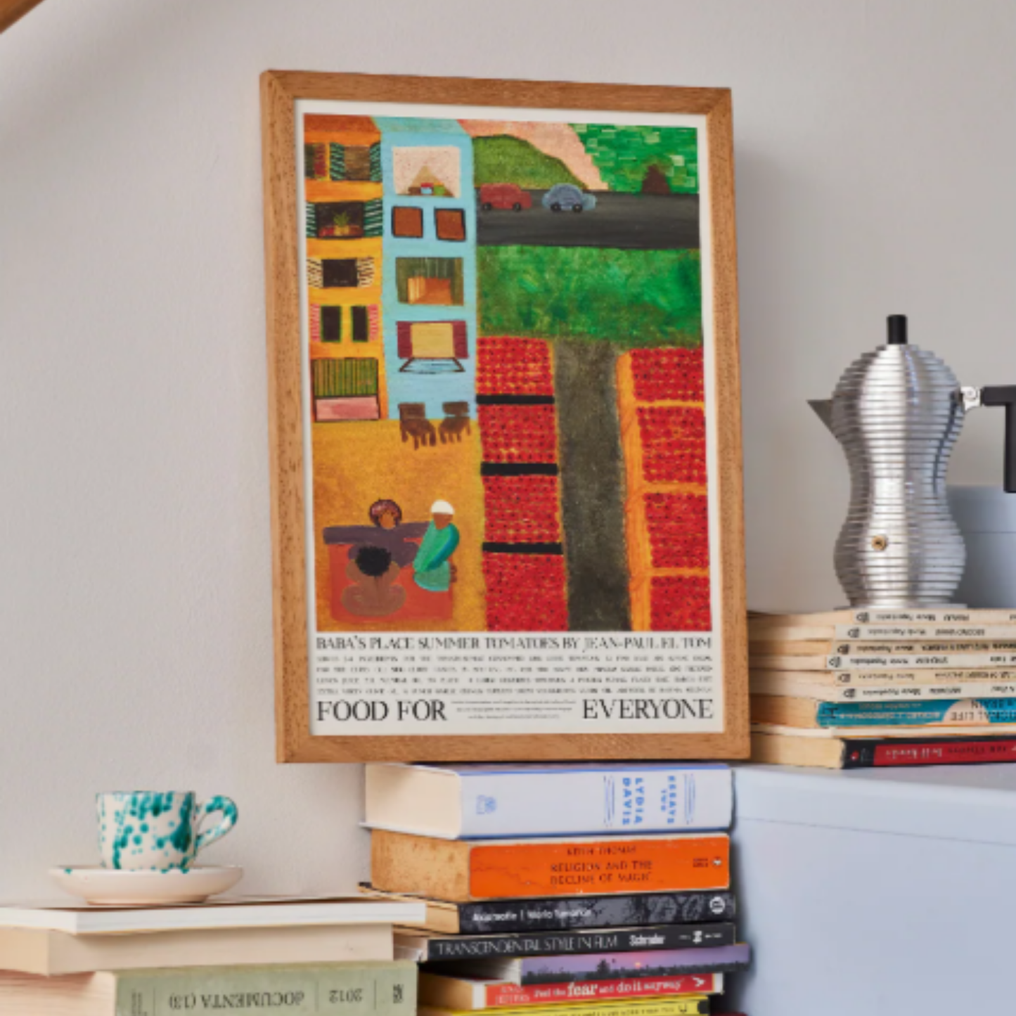 Shown on the stairs above the books Food for Everyone Limited Edition Baba's Place Poster A2 printed on recycled coffee cup paper, featuring Rahma Soliman's warm summer illustration inspired by chef Jean-Paul El Tom's tomato recipe; unframed